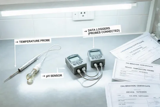 Instrument bench with labeled probes