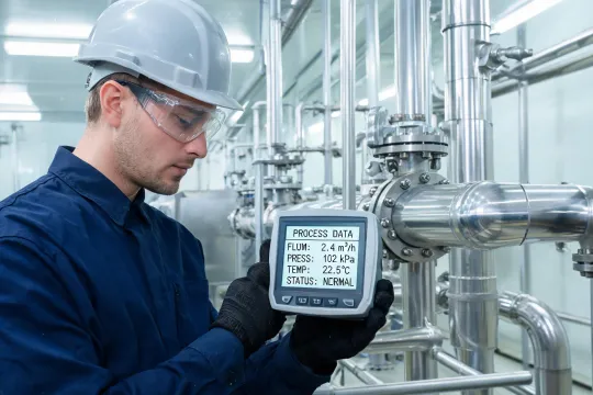 Field technician checking process measurement data