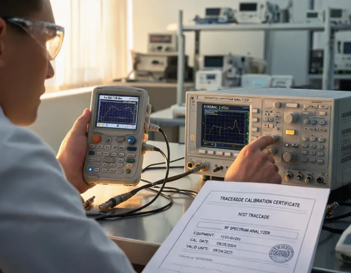 Engineer taking traceable RF lab measurement