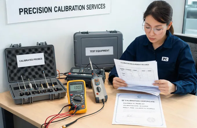 Calibration desk with sensor certificates and handheld instruments
